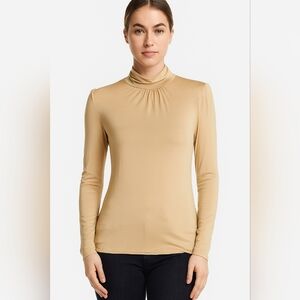 T Tahari Camel Tan Ruffled Shoulder Mock Turtleneck Blouse – Small Women's